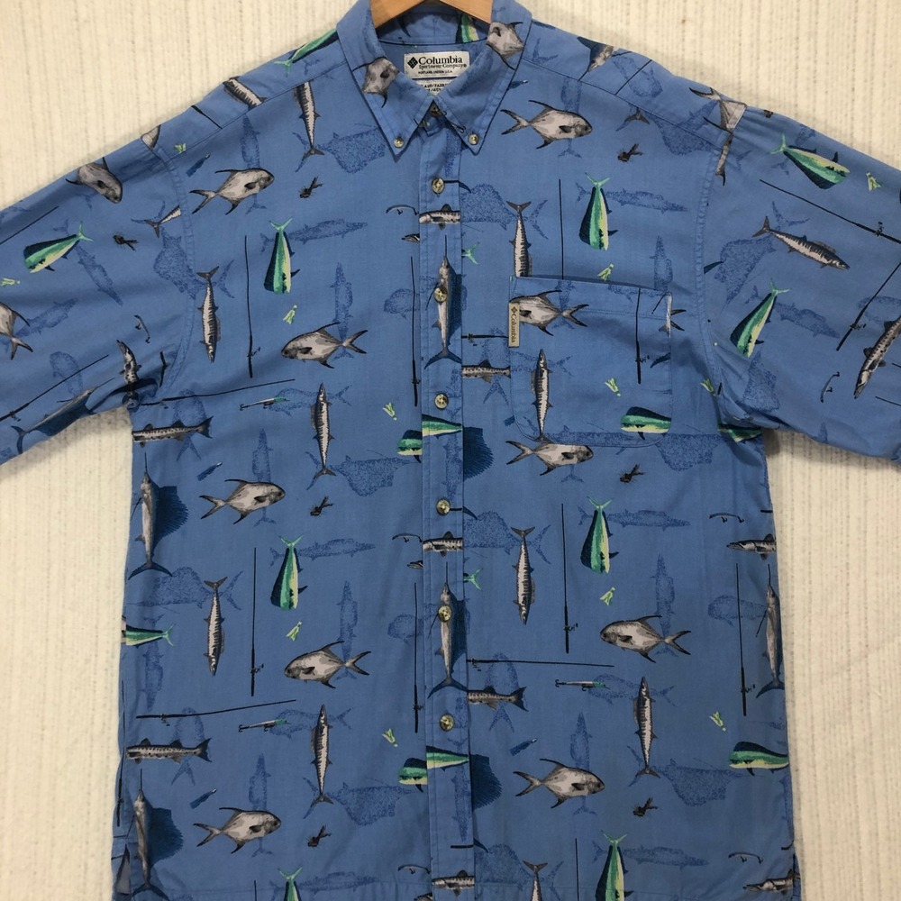 Columbia Cotton Fishing Shirt Fish Print Button Up Short Sleeve Outdoor‎ Mens M